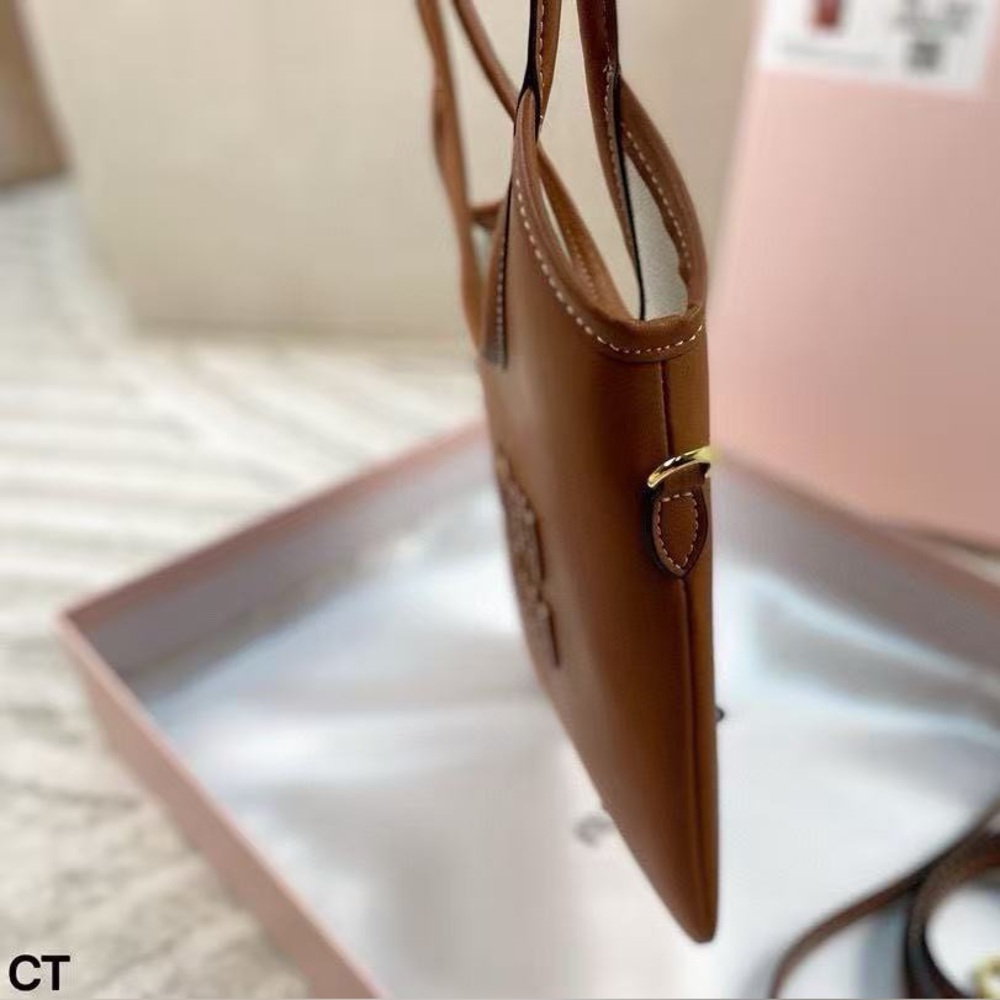 Miu Miu Beau Small Leather Tote Bag Brown Embossed Logo Shoulder Bag - Picture 3 of 9